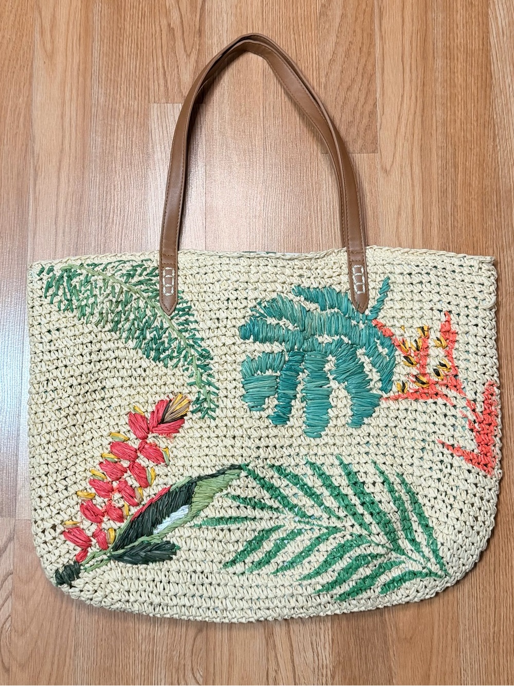 INC International Concepts Straw Tote with Green and Coral Tropical Embroidery